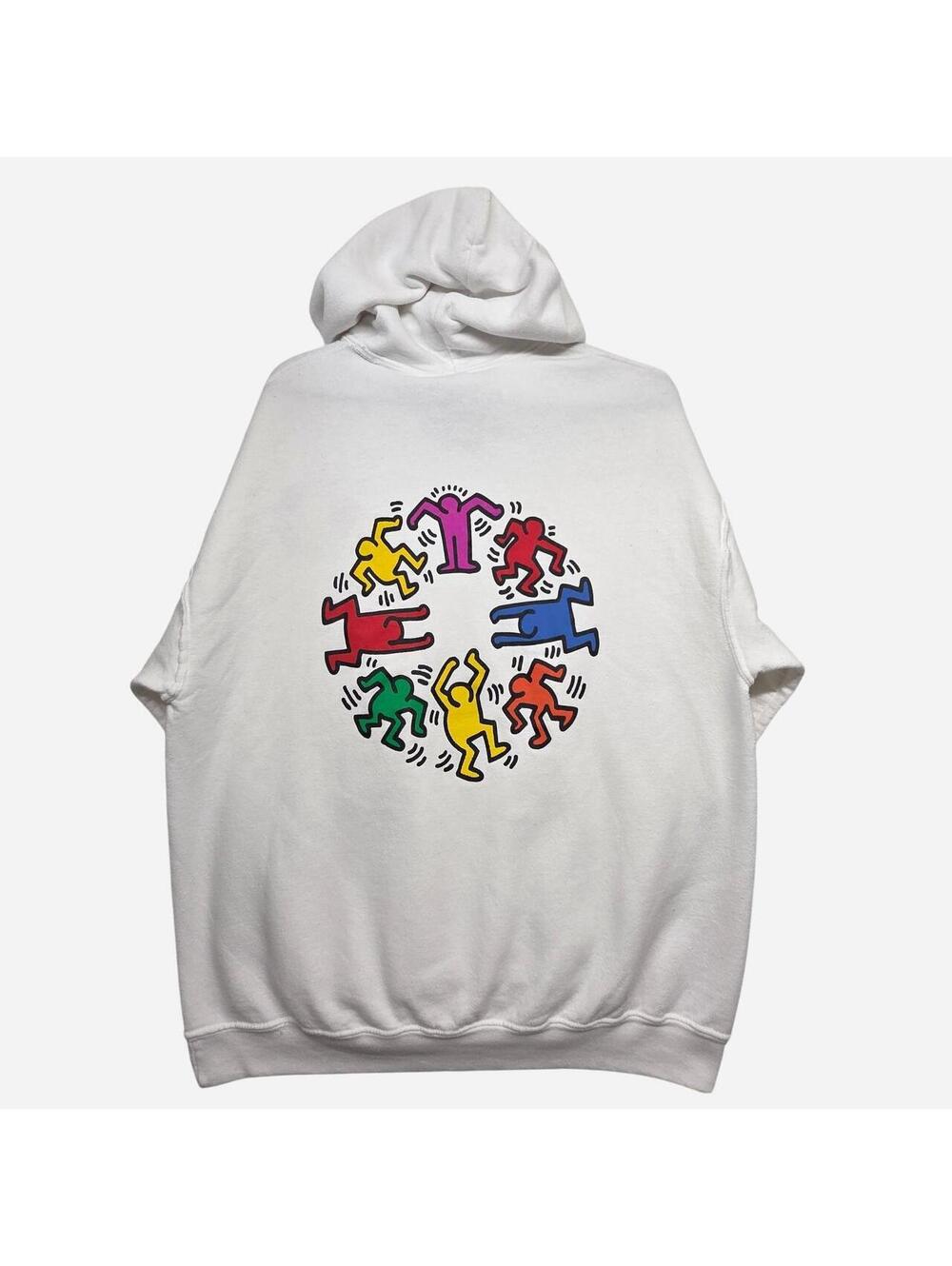 Keith Haring white hoodie with colorful cartoon figures in a circle